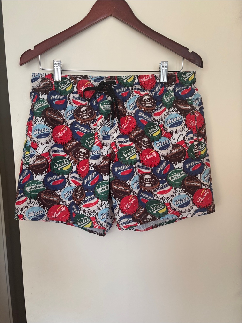 Men's Swim Trunks / Shorts - Retro Bottle Caps & Skulls Graphic - Size M